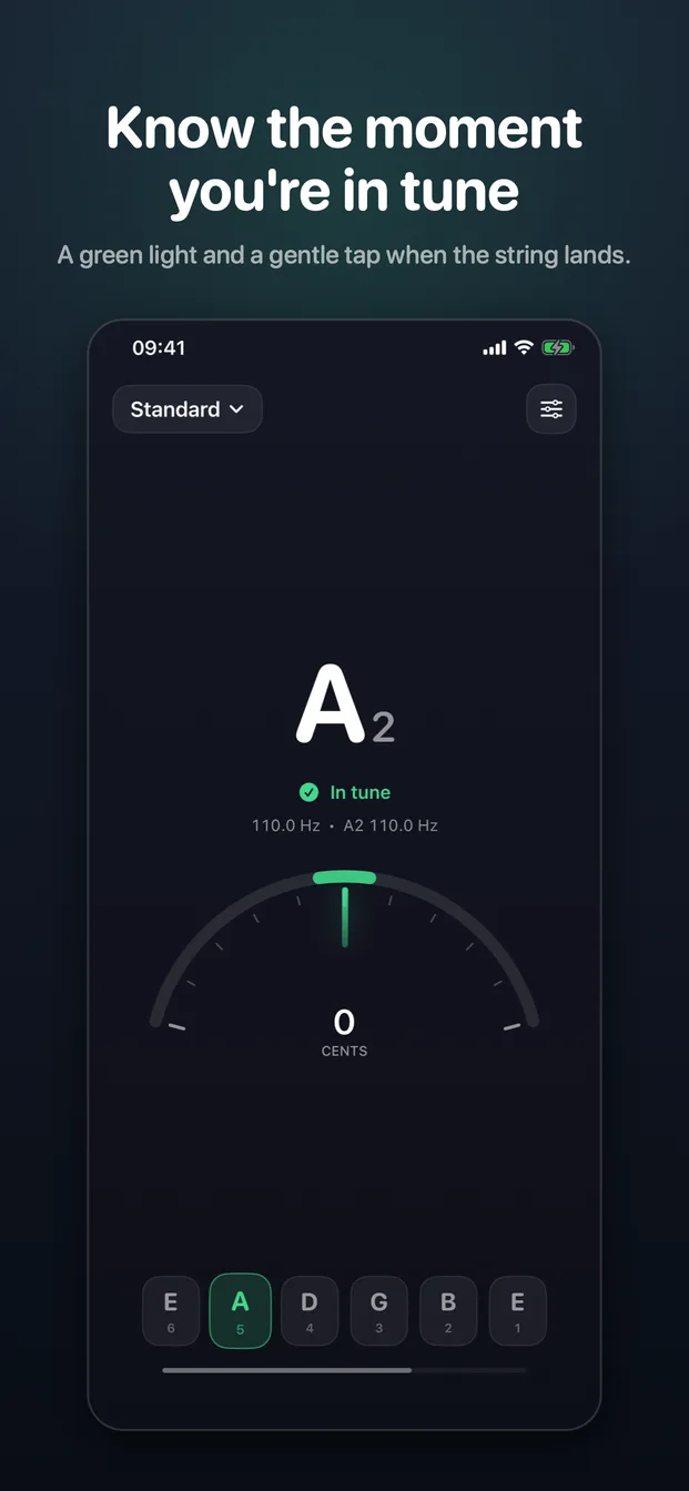 A2 in tune at 110.0 Hz, with the needle centred on 0 cents