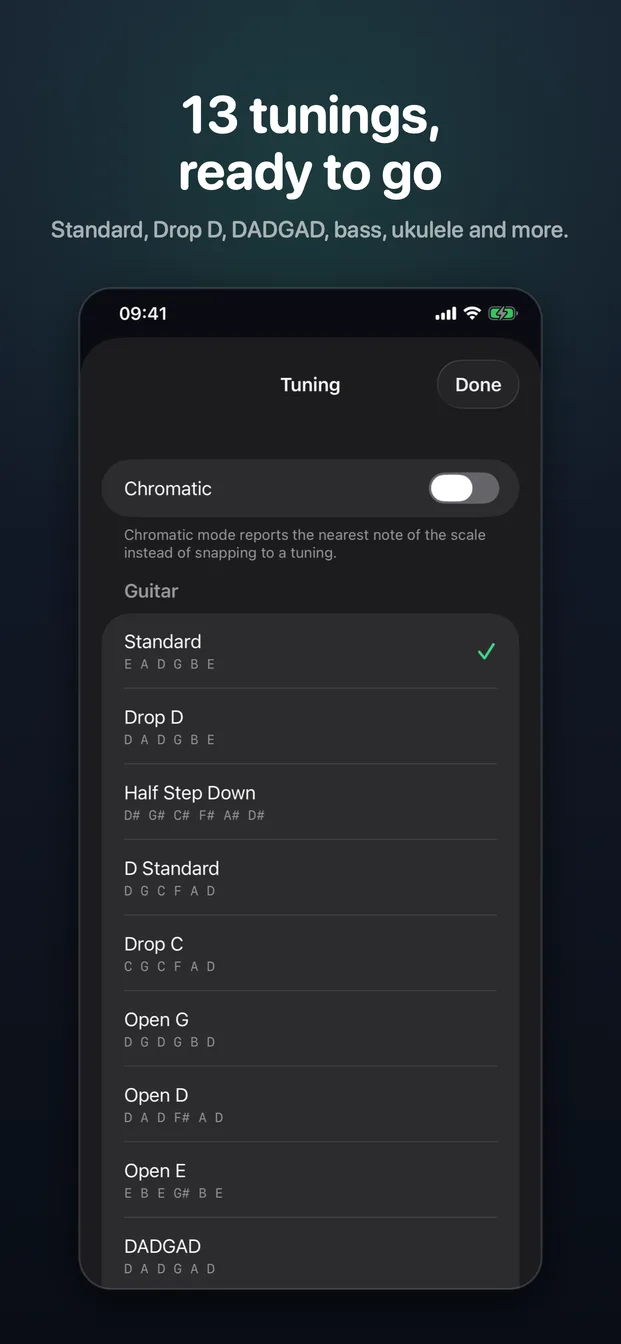 The tuning picker: Standard, Drop D, Half Step Down, DADGAD and more