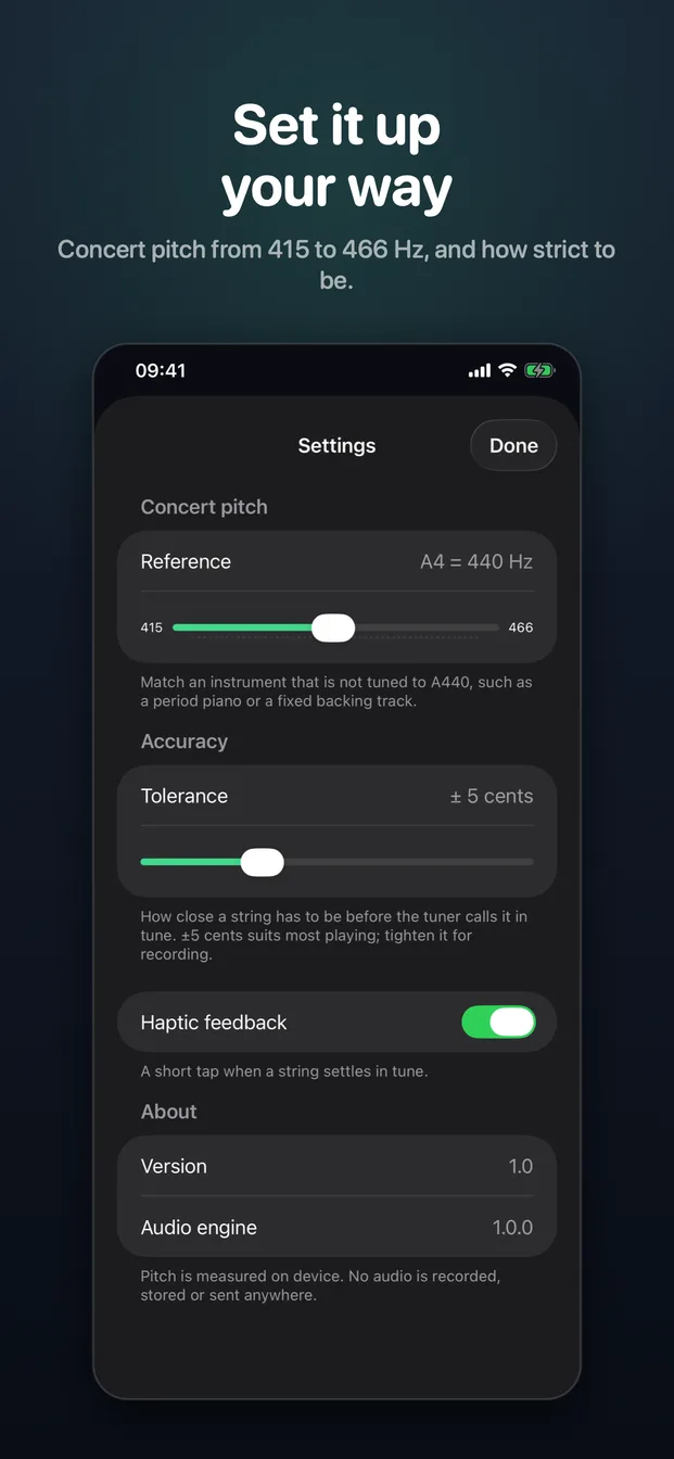 Settings for concert pitch, tolerance and haptic feedback